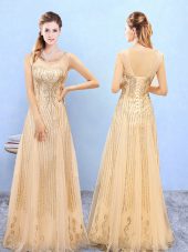Sleeveless Organza Floor Length Lace Up Dama Dress in Gold with Beading and Appliques