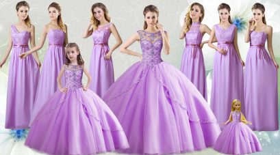 Lilac Tulle Lace Up Vestidos de Quinceanera Sleeveless Floor Length Beading