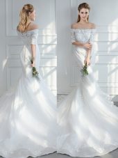 White Half Sleeves Court Train Lace and Appliques Wedding Gowns