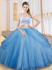 Noble Floor Length Baby Blue Sweet 16 Dress Tulle Sleeveless Beading and Ruching and Pick Ups