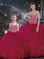 Burgundy Sweetheart Lace Up Beading and Ruffles Ball Gown Prom Dress Sleeveless
