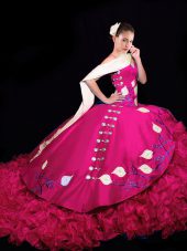 Flirting Fuchsia V-neck Neckline Embroidery and Ruffles Ball Gown Prom Dress Sleeveless Lace Up