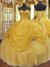 Noble Ball Gowns Quinceanera Dress Gold Sweetheart Tulle Sleeveless Floor Length Lace Up