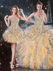 Super Ball Gowns Vestidos de Quinceanera Gold Sweetheart Organza Sleeveless Floor Length Lace Up