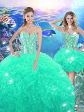 Attractive Sweetheart Sleeveless 15th Birthday Dress High Low Beading and Ruffles Turquoise Organza