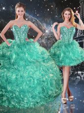 Colorful Turquoise Three Pieces Sweetheart Sleeveless Organza Floor Length Lace Up Beading and Ruffles Quinceanera Dress