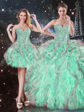 Turquoise Organza Lace Up Quinceanera Dress Sleeveless Floor Length Beading and Ruffles