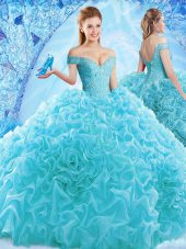 Aqua Blue Off The Shoulder Lace Up Ruffles and Pick Ups Sweet 16 Quinceanera Dress Brush Train Cap Sleeves