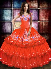 Customized Off The Shoulder Sleeveless 15 Quinceanera Dress Floor Length Embroidery and Ruffled Layers Orange Red Taffeta