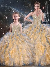 Sweetheart Sleeveless Organza Quince Ball Gowns Beading and Ruffles Lace Up