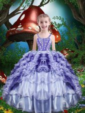 Purple Lace Up Straps Beading and Ruffles and Ruffled Layers Little Girl Pageant Dress Organza Sleeveless