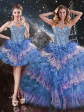 Organza Sweetheart Sleeveless Lace Up Beading and Ruffled Layers and Sequins Quinceanera Gown in Multi-color