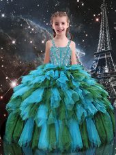 Teal Tulle Lace Up Womens Party Dresses Sleeveless Floor Length Beading and Ruffles