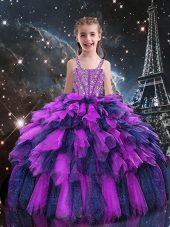 Latest Floor Length Eggplant Purple Little Girls Pageant Gowns Tulle Sleeveless Beading and Ruffles