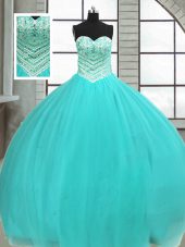 Turquoise Ball Gowns Tulle Sweetheart Sleeveless Beading Floor Length Lace Up Vestidos de Quinceanera