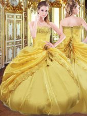 Gold Sleeveless Floor Length Beading and Pick Ups Lace Up Vestidos de Quinceanera
