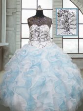 Ball Gowns Sweet 16 Quinceanera Dress Blue And White Scoop Organza Sleeveless Floor Length Lace Up
