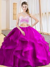 Beading and Ruffles Vestidos de Quinceanera Fuchsia Criss Cross Sleeveless Floor Length