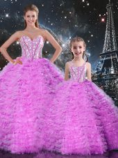 Great Sleeveless Floor Length Beading and Ruffles Lace Up 15th Birthday Dress with Fuchsia