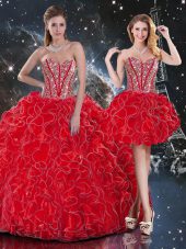 High Class Sleeveless Floor Length Beading and Ruffles Lace Up Quinceanera Dresses with Wine Red