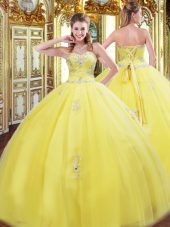 Exquisite Beading and Appliques Quinceanera Gown Yellow Lace Up Sleeveless Floor Length