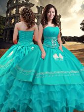 Turquoise Zipper Sweet 16 Quinceanera Dress Embroidery and Ruffled Layers Sleeveless Floor Length
