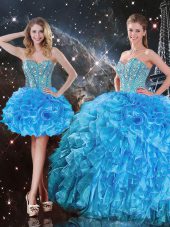 Sweetheart Sleeveless Quinceanera Dress Floor Length Beading and Ruffles Baby Blue Organza