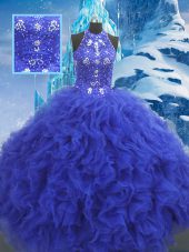 Designer Blue Ball Gowns Scoop Sleeveless Organza Floor Length Lace Up Beading and Ruffles Quinceanera Dress