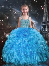 Baby Blue Organza Lace Up Little Girl Pageant Gowns Sleeveless Floor Length Beading and Ruffles