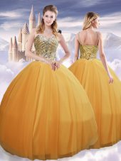 Sweet Spaghetti Straps Sleeveless Tulle Quinceanera Dress Beading Lace Up
