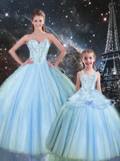 Great Floor Length Lace Up Sweet 16 Dresses Baby Blue for Military Ball and Sweet 16 and Quinceanera with Beading