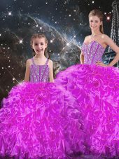 Fuchsia Sleeveless Organza Lace Up Sweet 16 Quinceanera Dress for Military Ball and Sweet 16 and Quinceanera