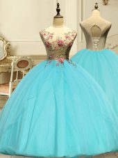 Appliques Vestidos de Quinceanera Aqua Blue Lace Up Sleeveless Floor Length