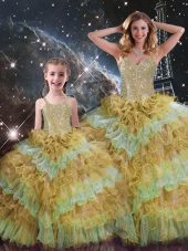 Multi-color Lace Up Quince Ball Gowns Beading and Ruffled Layers and Sequins Sleeveless Floor Length