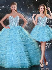 Clearance Sleeveless Floor Length Beading and Ruffled Layers Lace Up Vestidos de Quinceanera with Aqua Blue