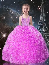 New Arrival Fuchsia Organza Lace Up Kids Formal Wear Sleeveless Floor Length Beading and Ruffles