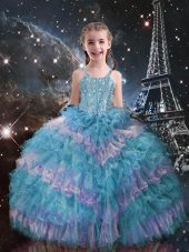 Perfect Straps Sleeveless Custom Made Floor Length Beading and Ruffled Layers Teal Organza