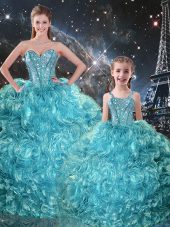 Sleeveless Organza Floor Length Lace Up 15th Birthday Dress in Aqua Blue with Beading and Ruffles