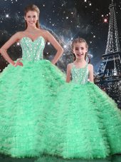 Turquoise Lace Up Sweetheart Beading and Ruffles Quinceanera Gown Tulle Sleeveless