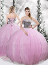 Suitable Lace Up Quince Ball Gowns Lilac for Military Ball and Sweet 16 and Quinceanera with Beading Brush Train
