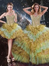 Glittering Floor Length Multi-color 15 Quinceanera Dress Organza Sleeveless Beading and Ruffled Layers