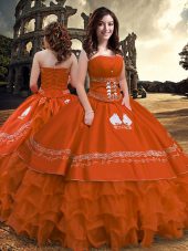 Spectacular Taffeta Strapless Sleeveless Zipper Embroidery and Ruffled Layers Ball Gown Prom Dress in Rust Red
