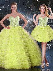 Spectacular Yellow Green Lace Up Ball Gown Prom Dress Beading and Ruffles Sleeveless Floor Length