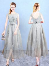 Stylish Sleeveless Ankle Length Appliques Lace Up Damas Dress with Grey