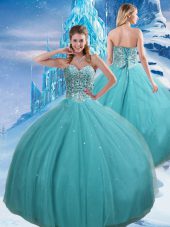 Elegant Aqua Blue Sweetheart Neckline Beading and Sequins Sweet 16 Dresses Sleeveless Lace Up