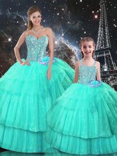 Organza Sweetheart Sleeveless Lace Up Ruffled Layers Vestidos de Quinceanera in Turquoise