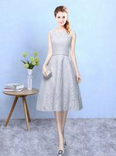 Fitting Grey Lace Zipper Scoop Sleeveless Tea Length Bridesmaids Dress Lace