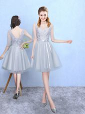 Most Popular Silver Half Sleeves Lace Knee Length Dama Dress