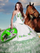 High End Floor Length White Quinceanera Dress Organza Sleeveless Embroidery and Ruffled Layers