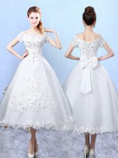 White Tulle Lace Up Wedding Guest Dresses Short Sleeves Ankle Length Beading and Lace and Bowknot